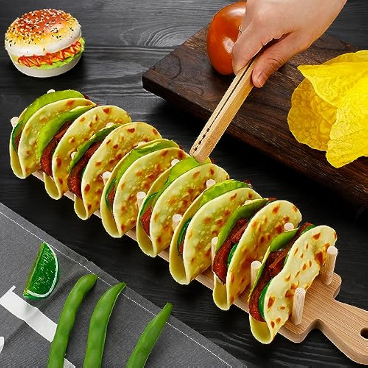 대나무 타코 서빙 랙 세트 4개, 각각 8칸짜리 직사각 - Wooden Serving Tray 리뷰 및 가격